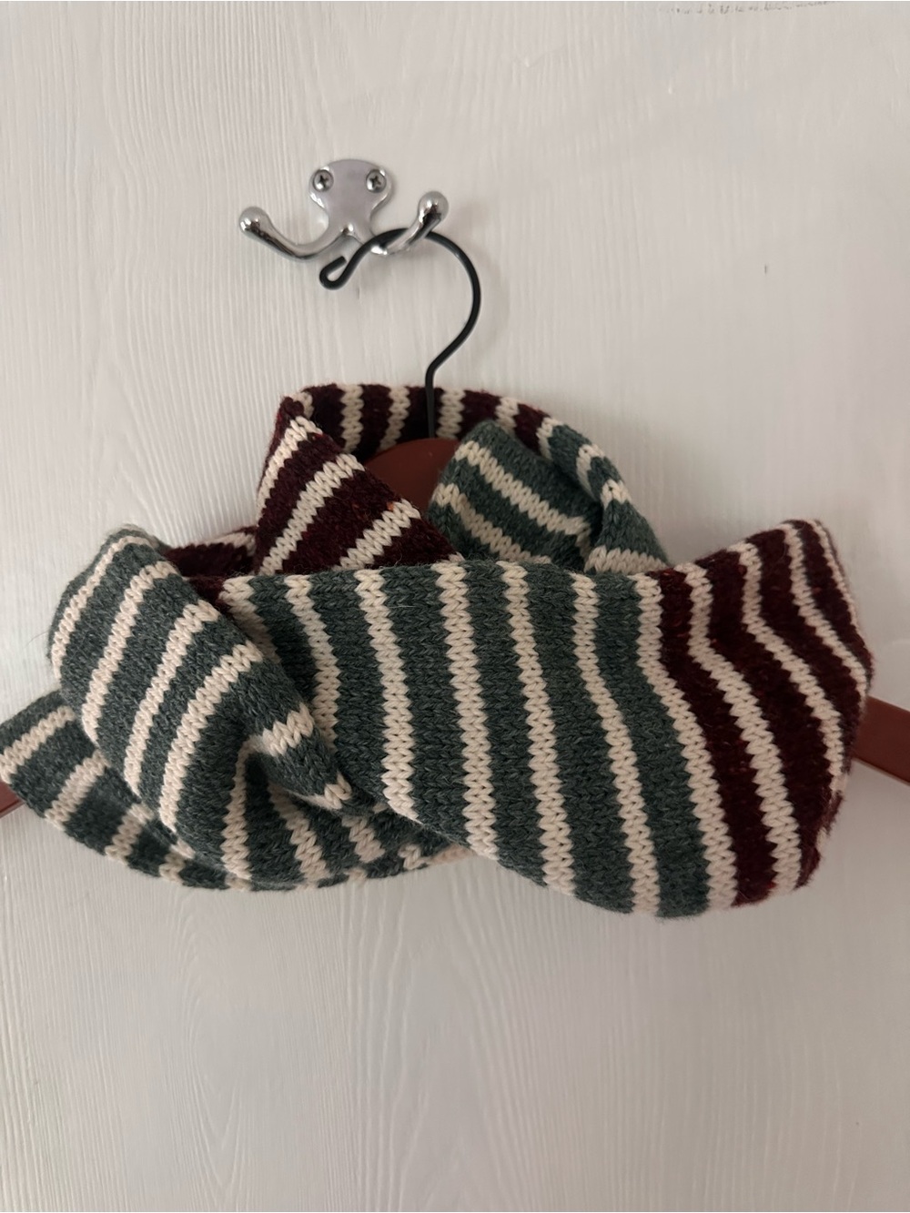 Striped Knit Infinity Scarf - Cream, Forest Green & Burgundy